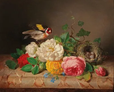Rosenstück mit Stieglitz und Vogelnest
